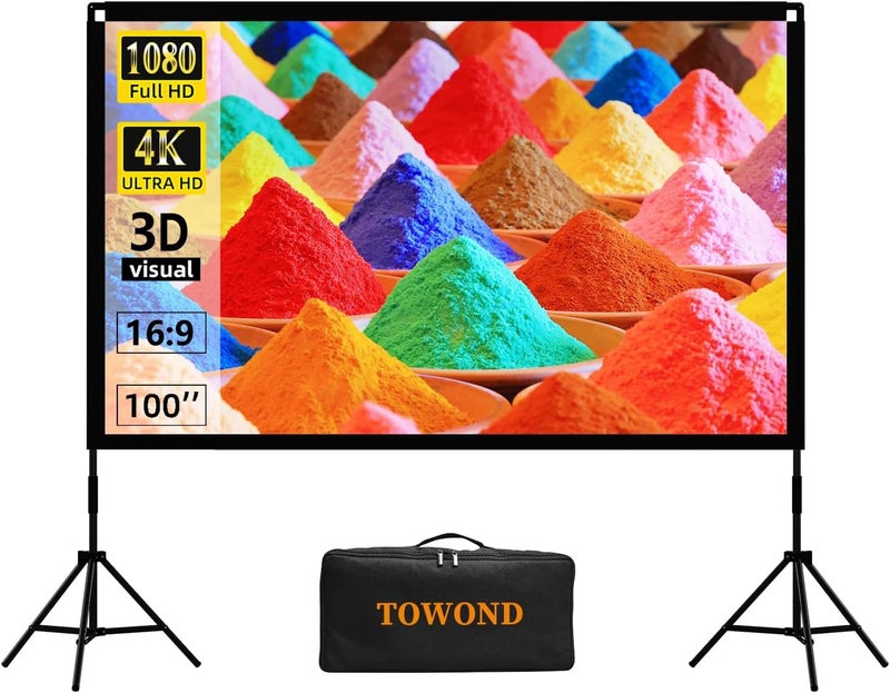 TOWOND شاشة بروجكتور وحامل، شاشة أفلام محمولة 100 بوصة داخلية وخارجية 16:9 بدقة HD مع حقيبة حمل، تصميم من قماش بوليستر قابل للطي وخالي من التجاعيد لسينما المنزل - Image 1